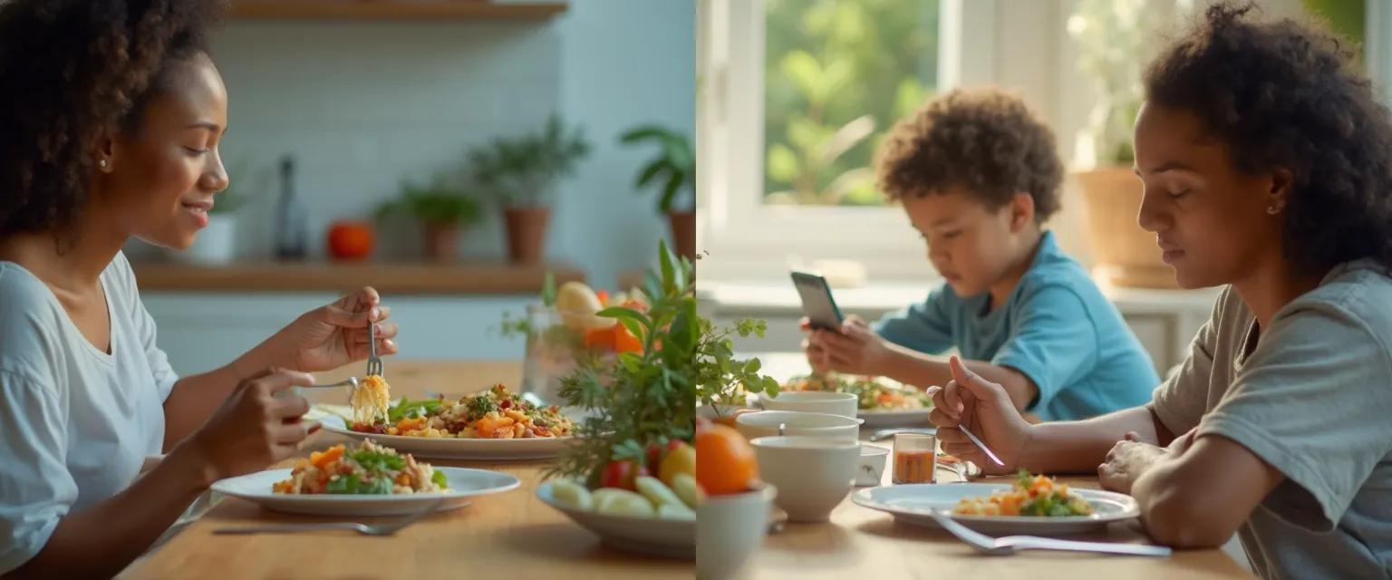 Person experiencing the miracle of mindfulness while enjoying a colorful, nutritious meal