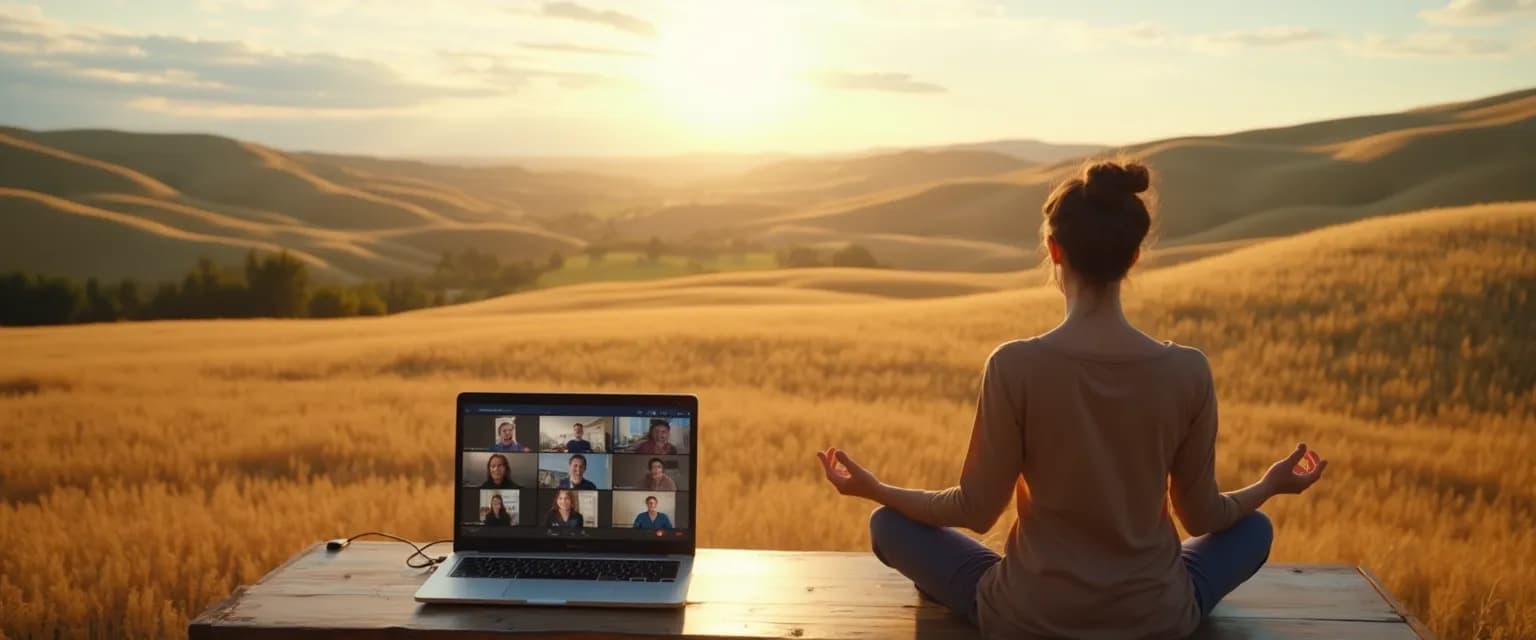 Person practicing Palouse mindfulness exercise at desk between virtual meetings