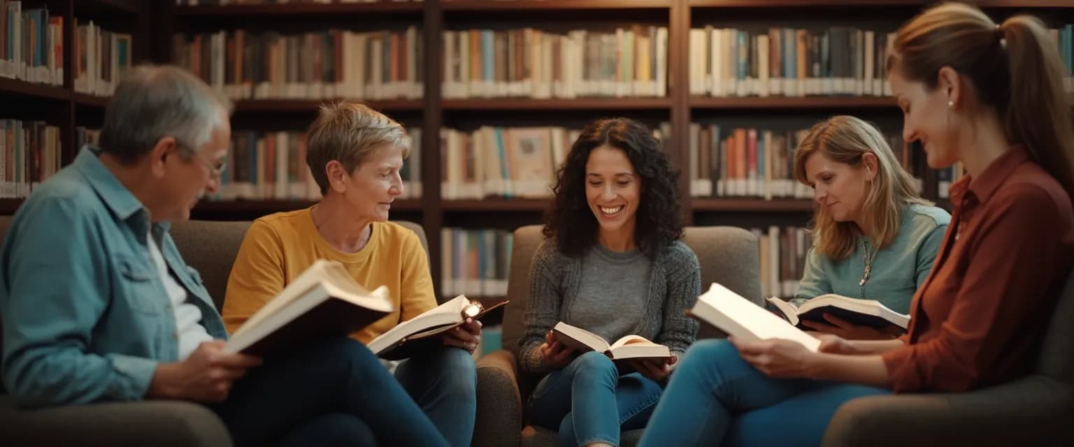 Diverse group discussing grief share books in a library community healing space