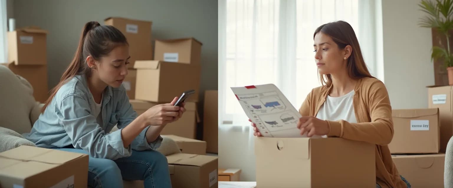 Person overcoming procrastination during relocation planning by organizing moving boxes with a checklist