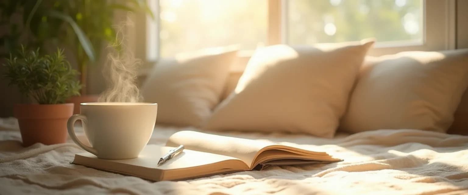 Woman practicing daily self-care ritual while overcoming a breakup with morning coffee and journal