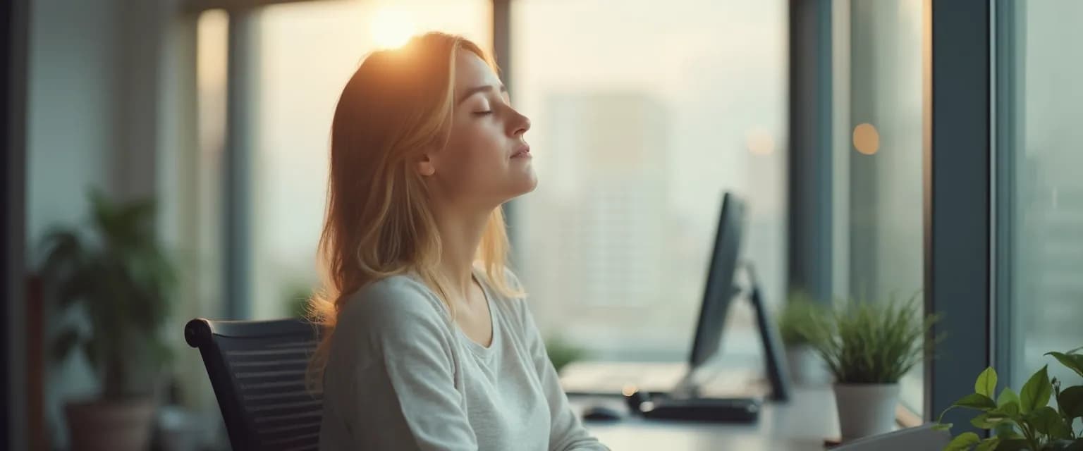 Professional using meditation and mindfulness breathing techniques at desk for improved focus