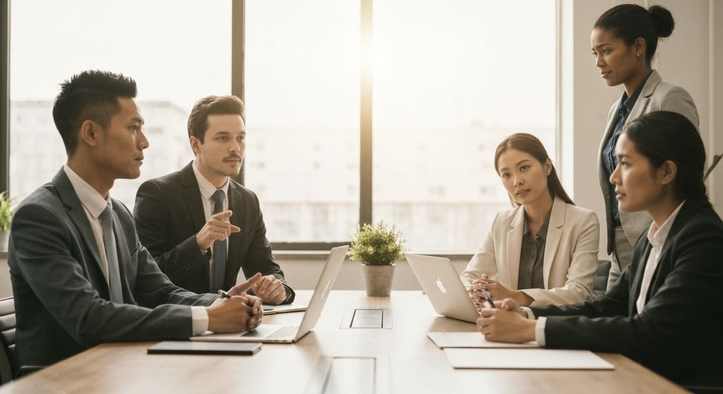 Professional demonstrating awareness in workplace by observing team dynamics and emotional cues during office meeting
