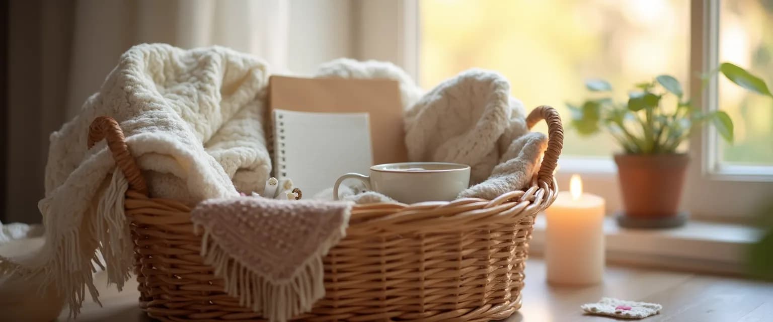 Comfort basket with thoughtful items for what to say for a friend who lost a loved one