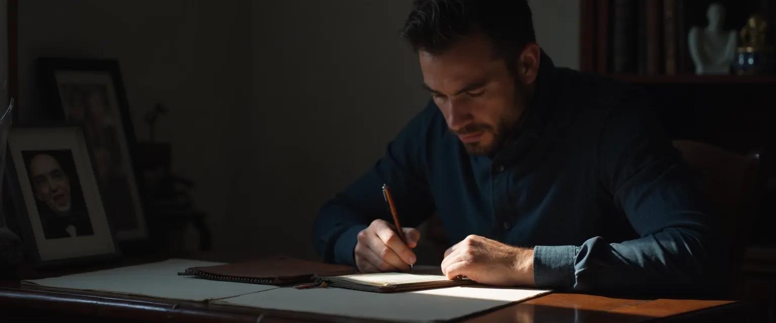 Man writing in a grieving journal while processing emotions in a private moment