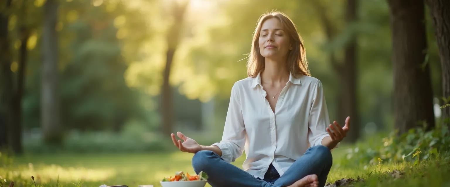 Professional practicing 10-minute mindfulness meditation during lunch break at desk
