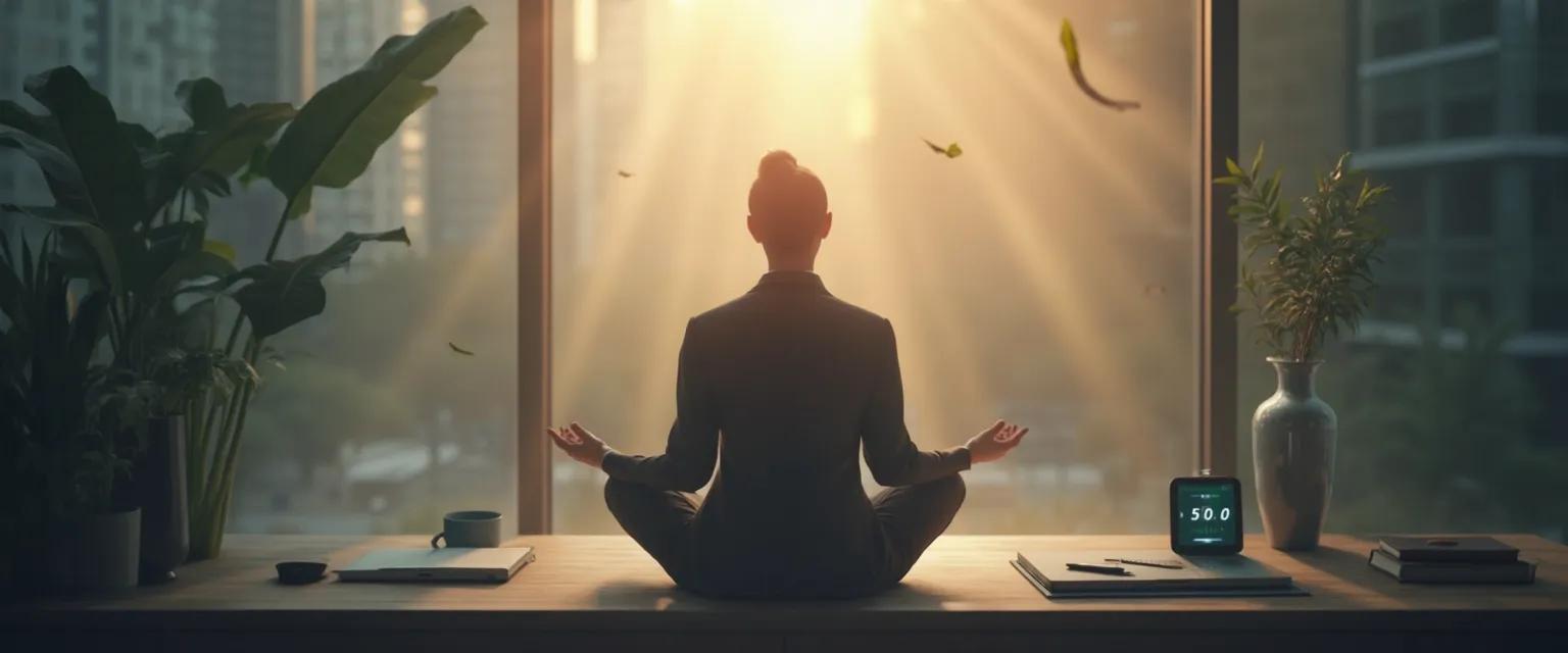 Professional practicing 5-minute guided meditation for self-awareness at desk