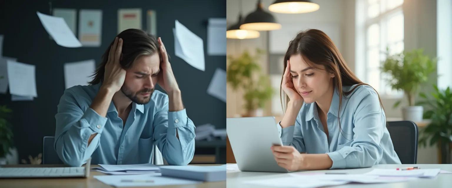 Employee using HR management app on smartphone with relaxed expression