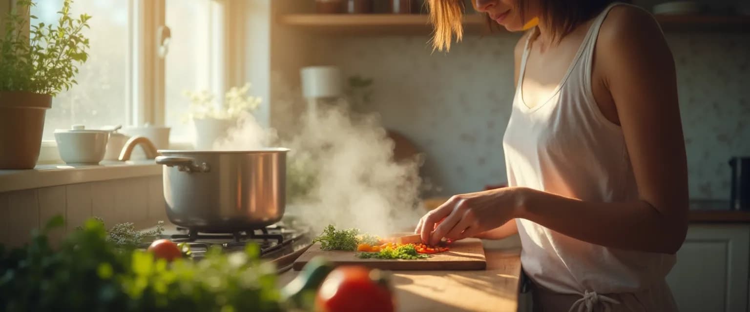 Person practicing mindfulness meditation for anxiety while chopping vegetables in a bright kitchen