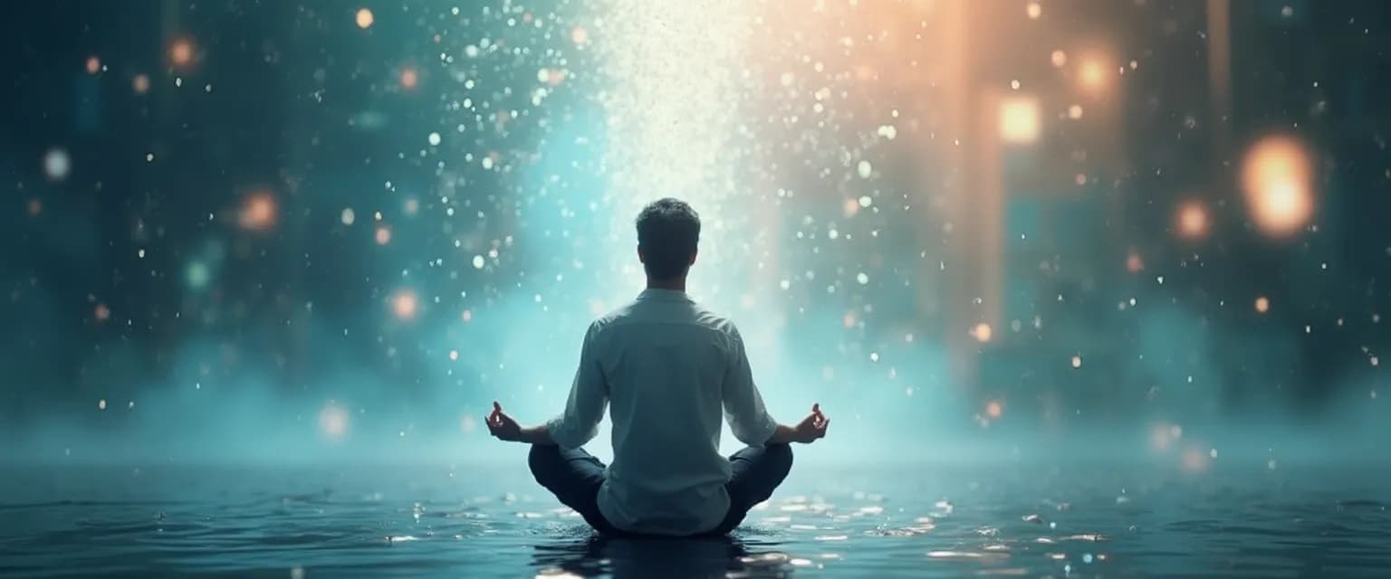 Entrepreneur practicing a 10-minute mindshower meditation at desk for mental reset