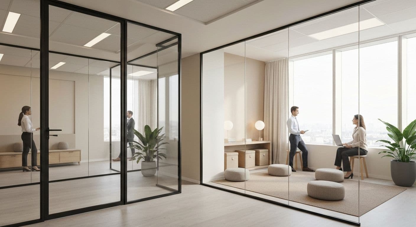 Modern workplace mindfulness center with meditation cushions and calming design elements for corporate wellness