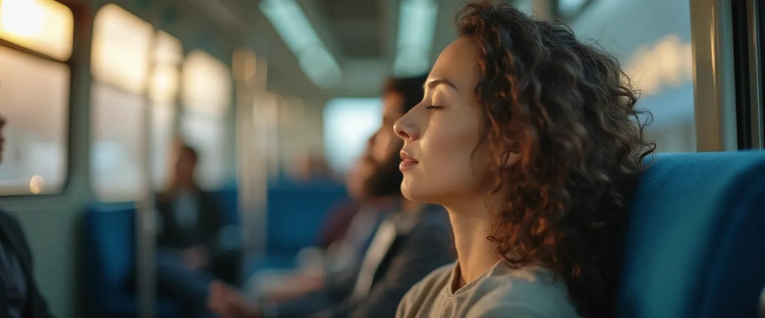 Person practicing mindfulness meditation for anxiety while commuting on public transportation