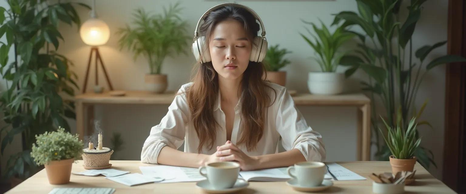 Professional woman accessing her mind oasis during a busy workday