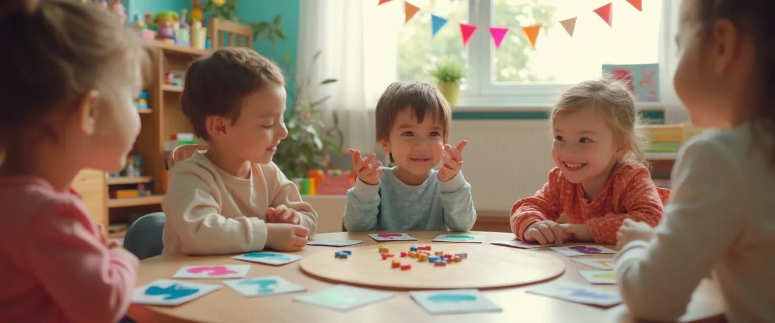 Kindergarten students playing self-awareness games in a classroom setting