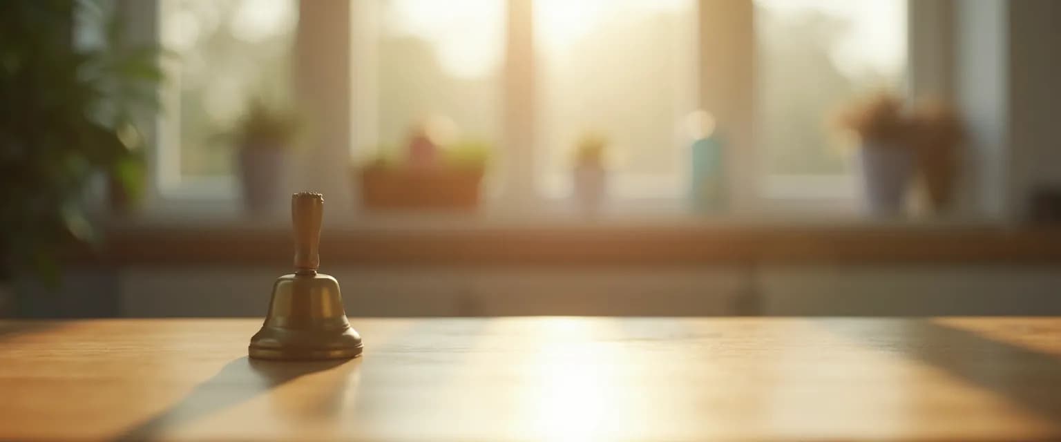 Parent using a mindfulness bell during a busy family moment to create calm