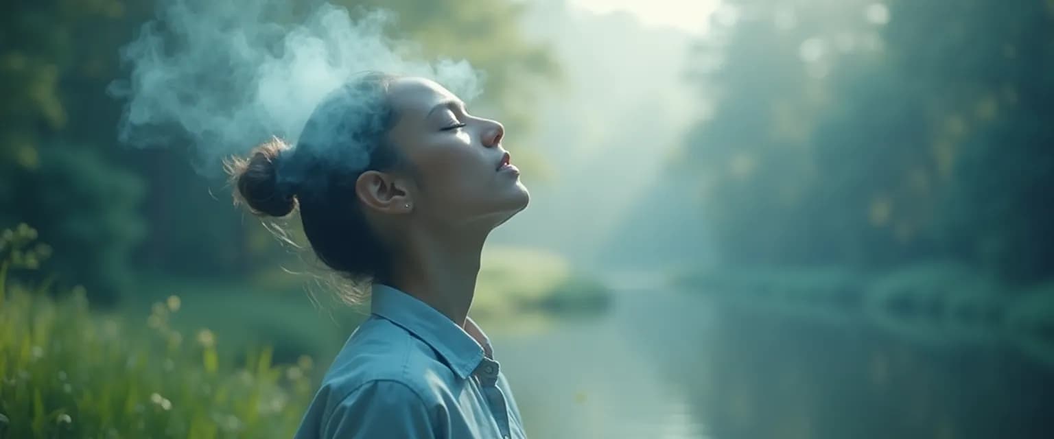 Person using 5-minute calmdownmind technique with peaceful expression