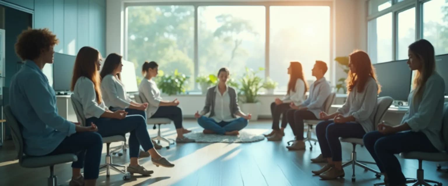 Jon Kabat-Zinn mindfulness techniques being practiced in a modern workplace setting