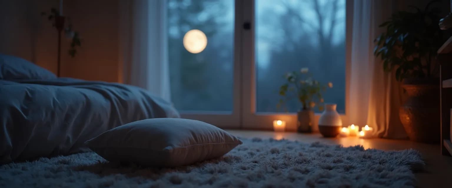 Woman practicing nighttime meditation and sleep ritual in comfortable bedroom setting