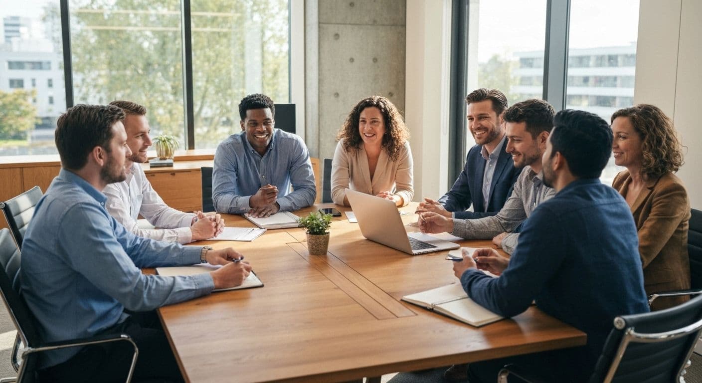 Team practicing mindfulness at work during a collaborative meeting with focused, attentive listening