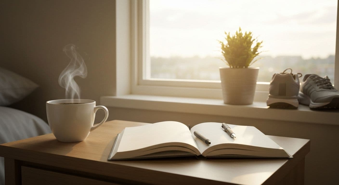 Person establishing a morning routine while recovering from heartbreak with journal and coffee