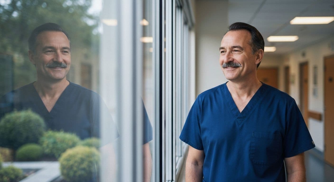 Healthcare worker practicing self awareness health and social care techniques during shift