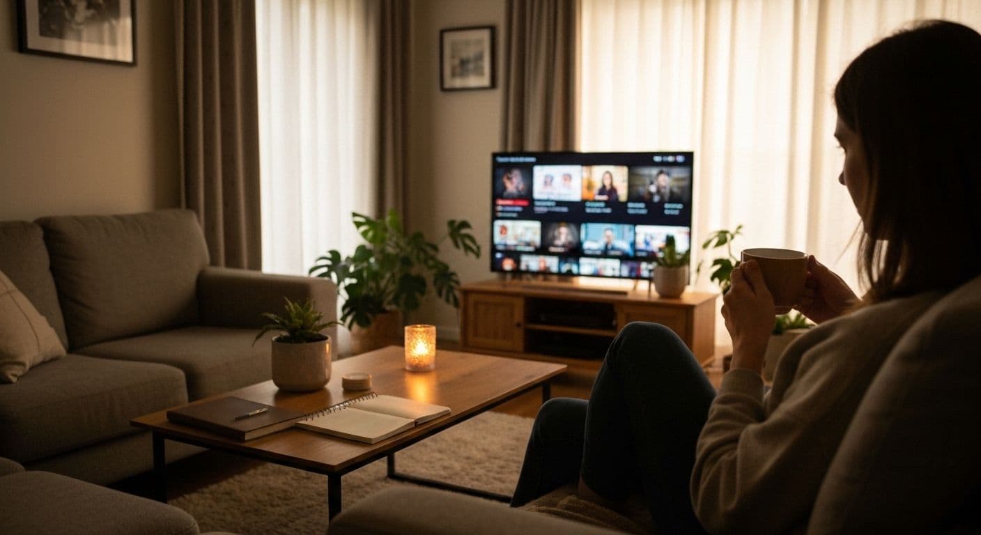 Person practicing mindfulness while enjoying Netflix on couch with intentional, relaxed posture