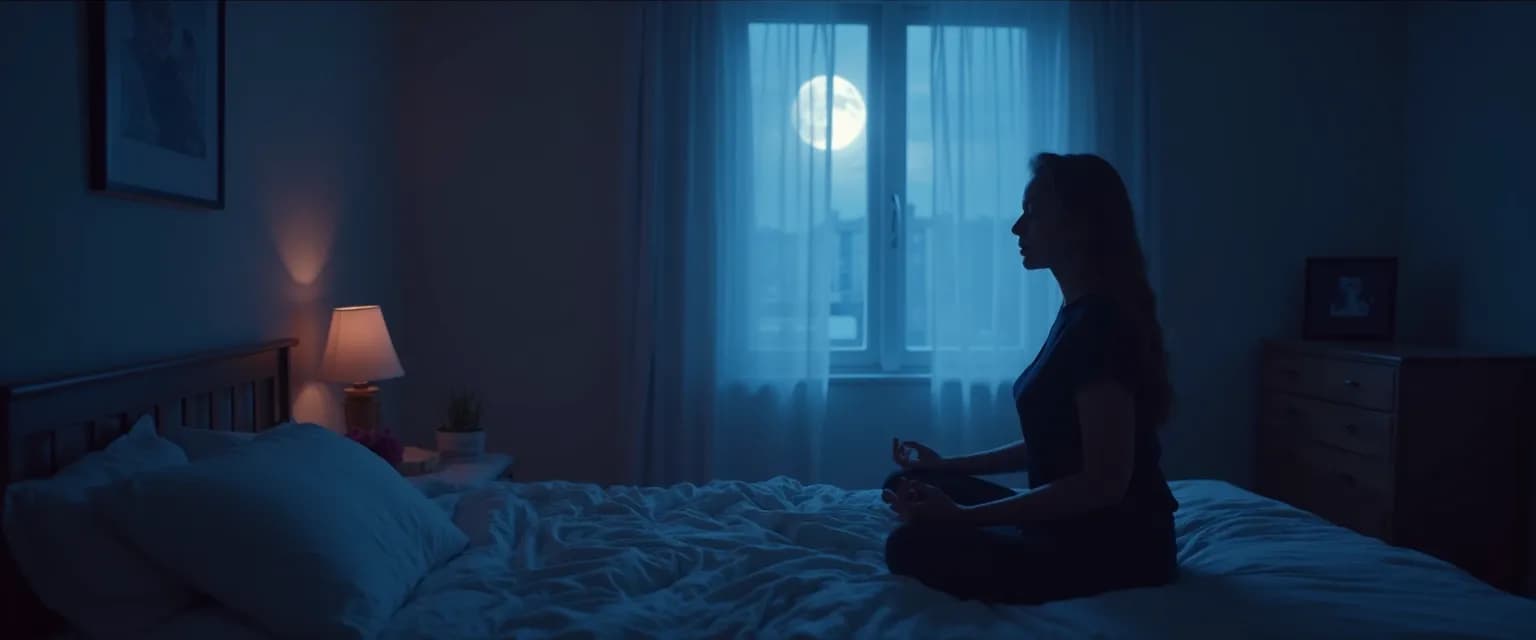 Person practicing calming grief meditations before sleep in a dimly lit bedroom