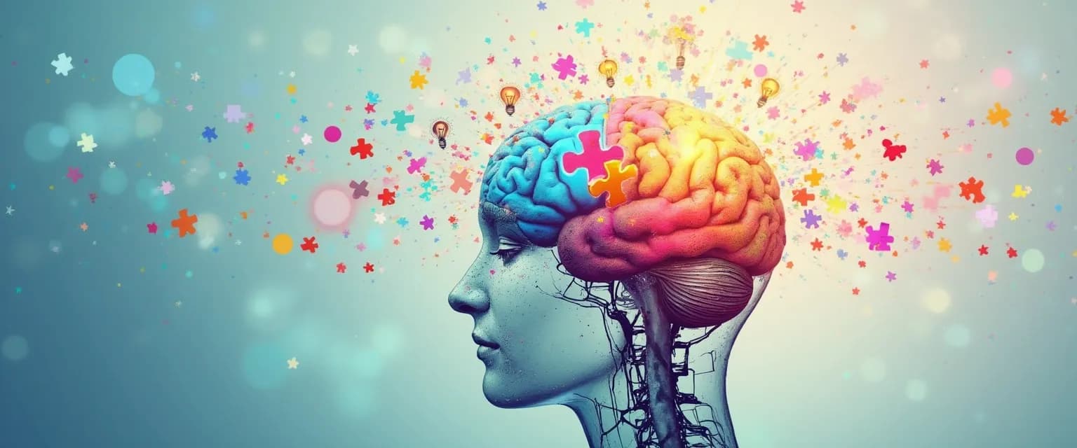 Person with a primed mind engaged in creative problem-solving with visualization of active brain centers