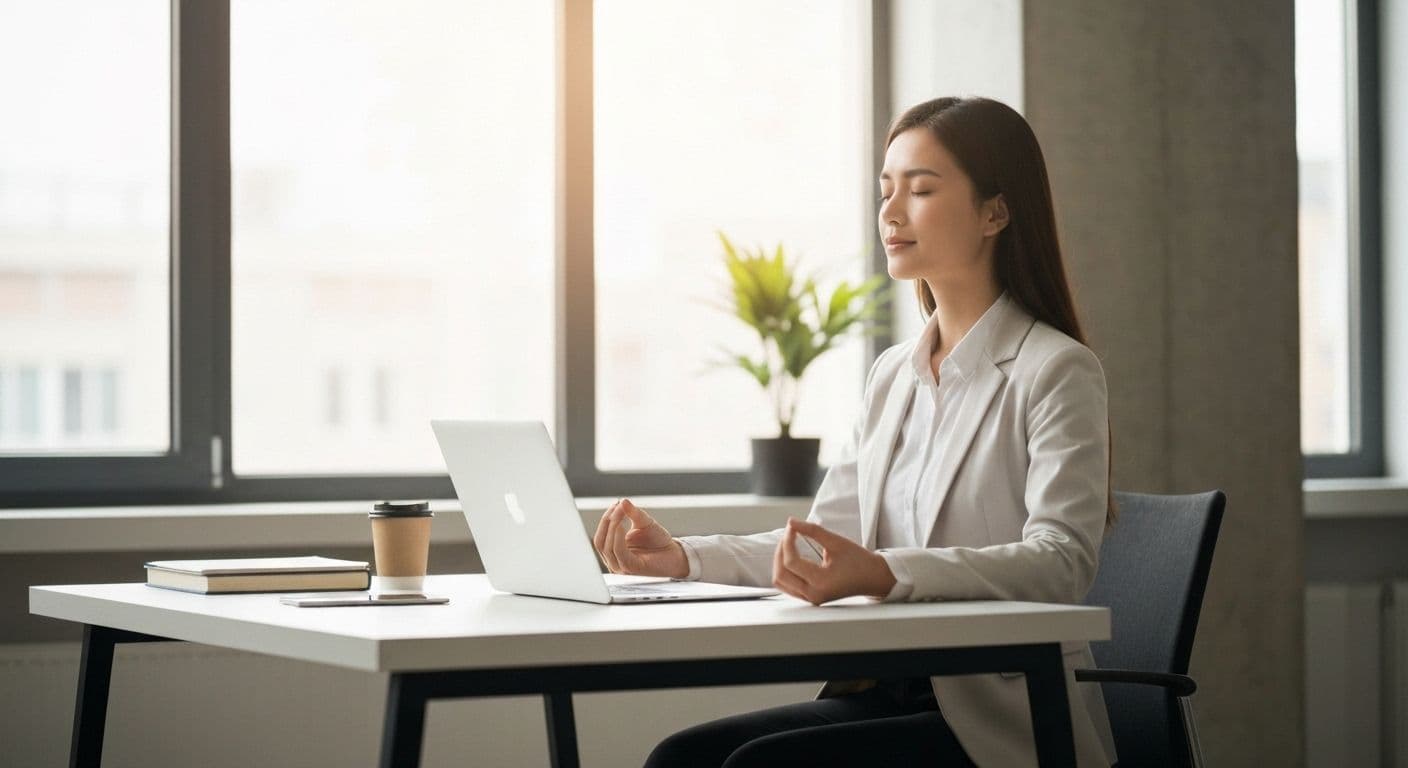 Professional practicing 10-minute mindfulness meditation at desk during busy workday