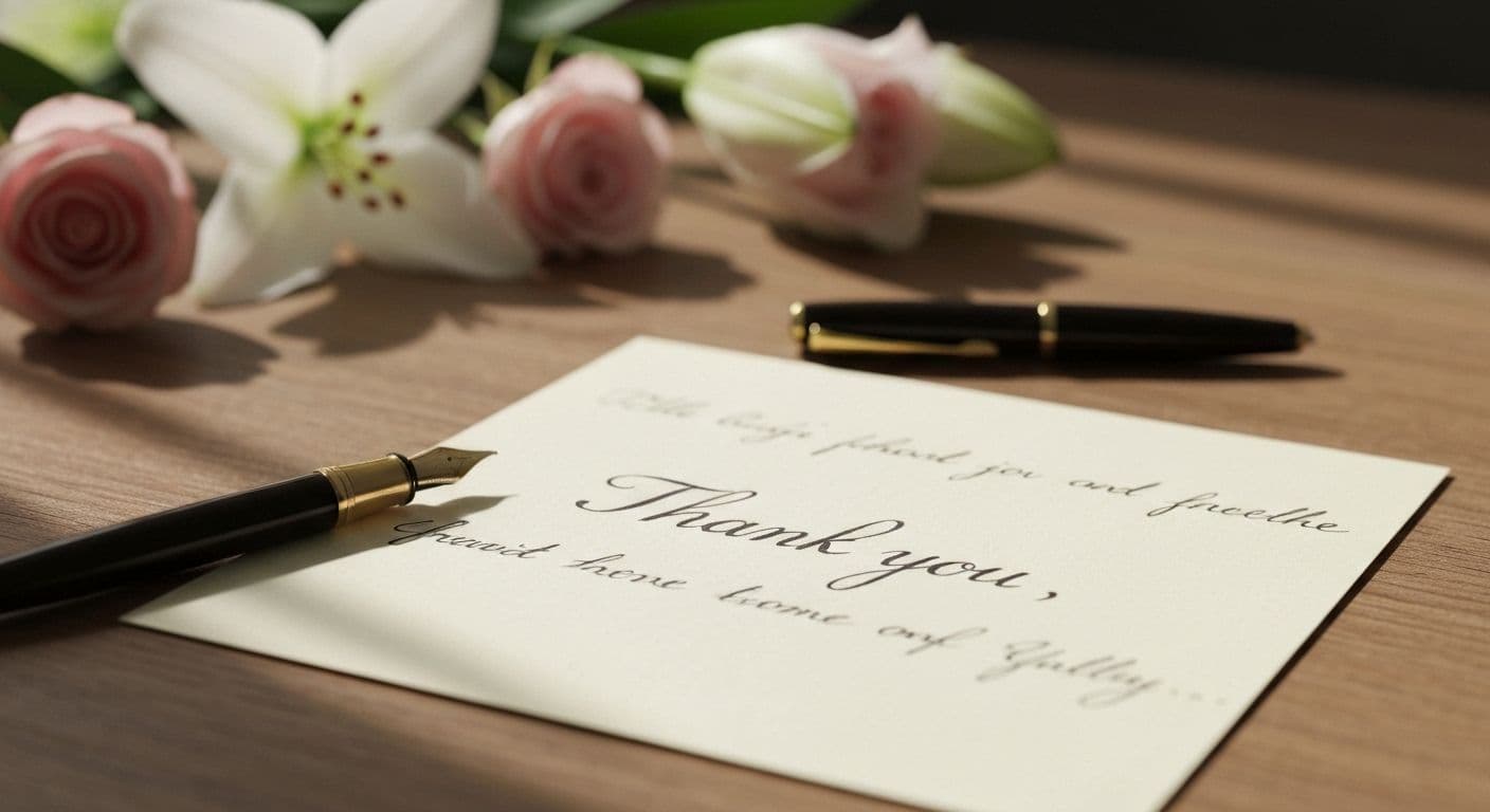 Person writing sympathy card messages thank you notes by hand with pen and stationery