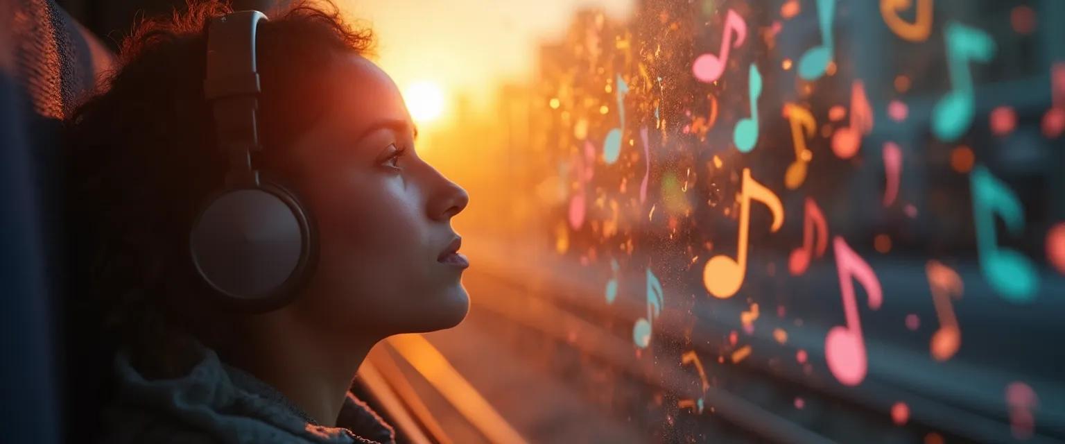 Person practicing mindful music listening during their daily commute with headphones