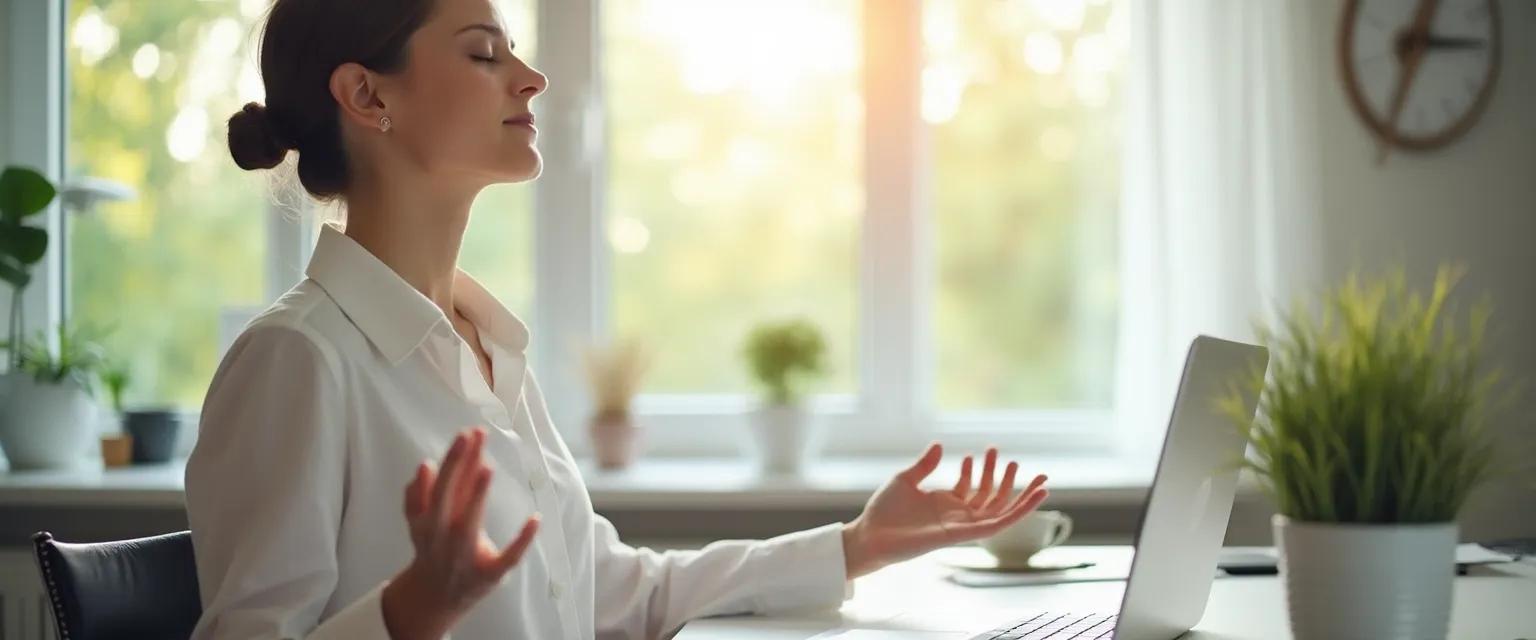 Professional practicing desk-based mindfulness exercises in an office setting