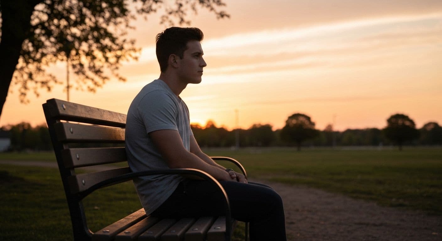 Young man reflecting on personal growth after first heartbreak for guys, rebuilding identity and self-worth