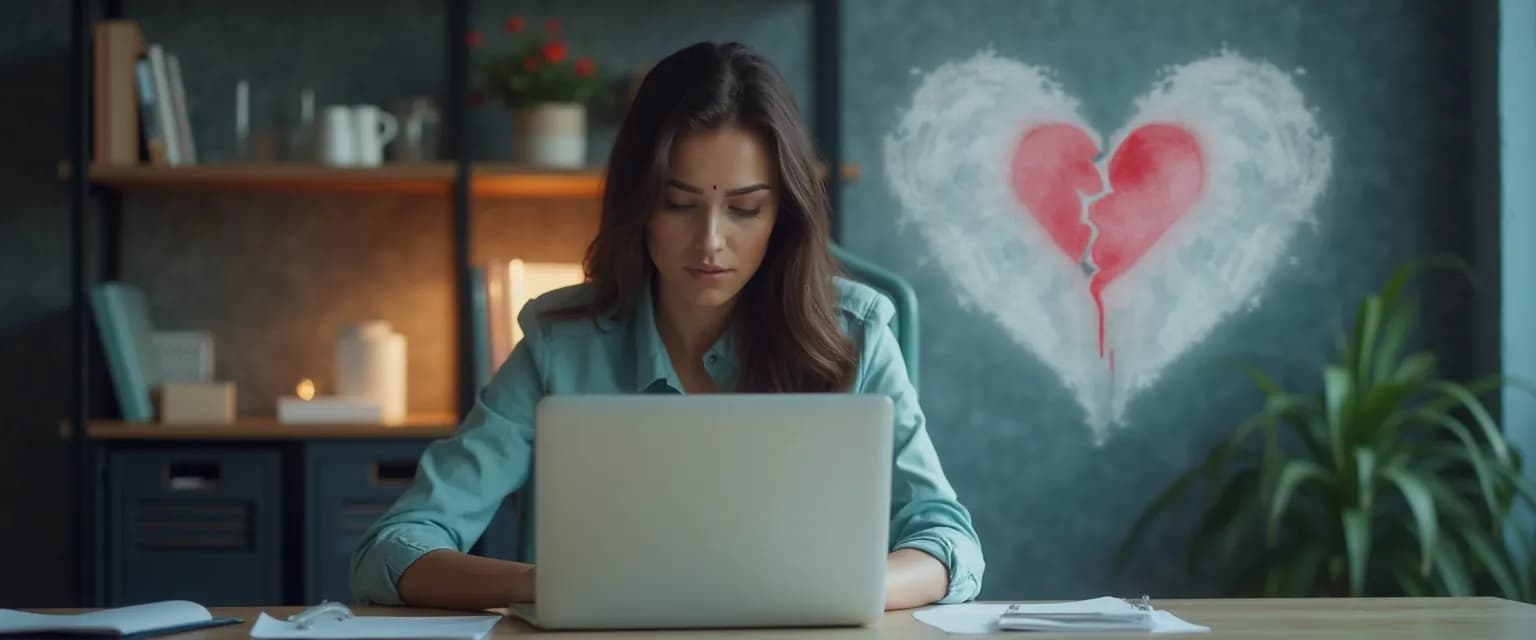 Professional woman navigating the stages of heartbreak while maintaining workplace productivity