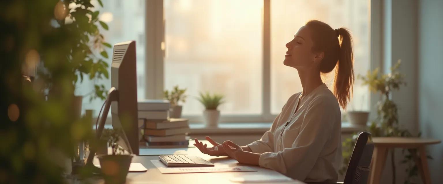 Professional practicing Palouse Mindfulness technique at office desk in 3 minutes