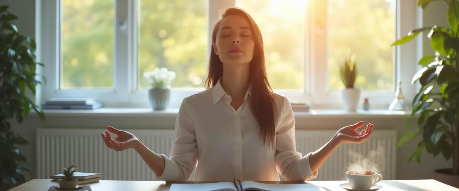Professional performing a 5-minute mind clearing ritual at desk