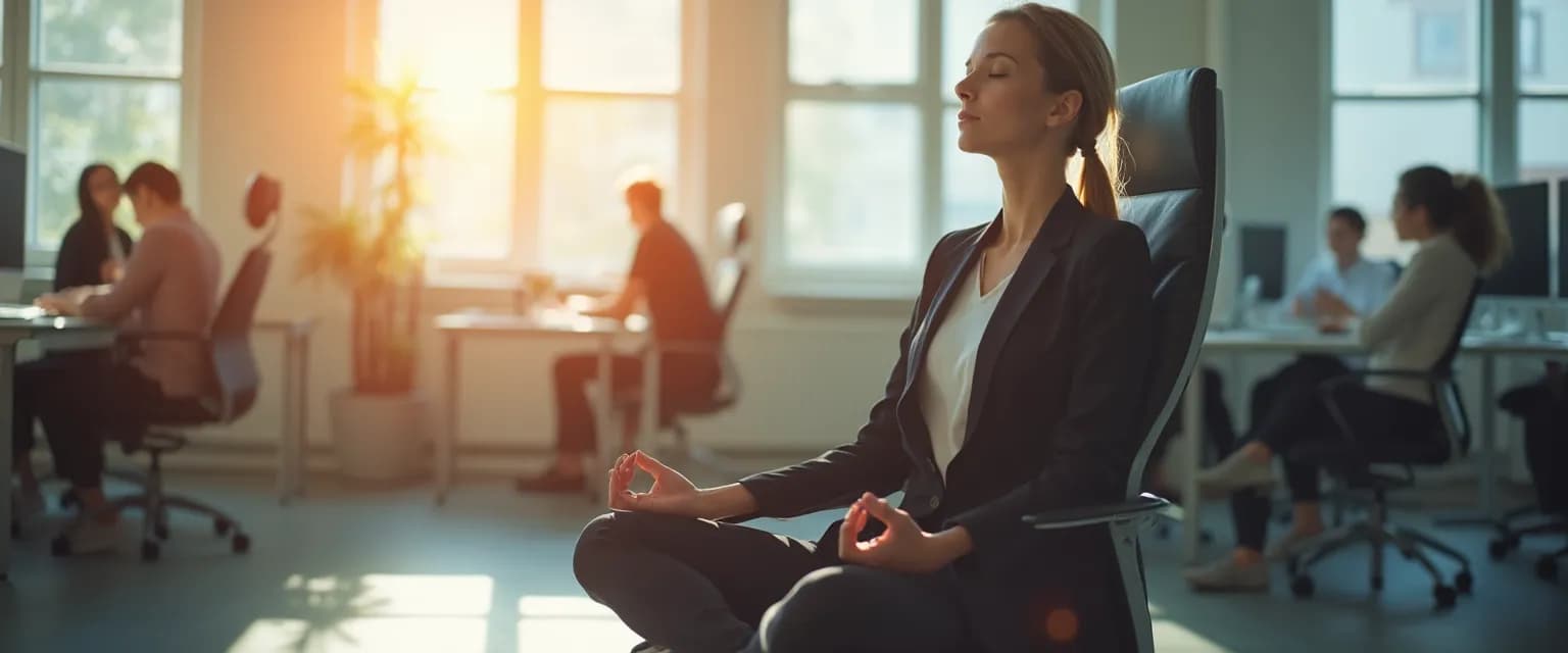 Professional practicing Sam Harris meditation technique during short break at office