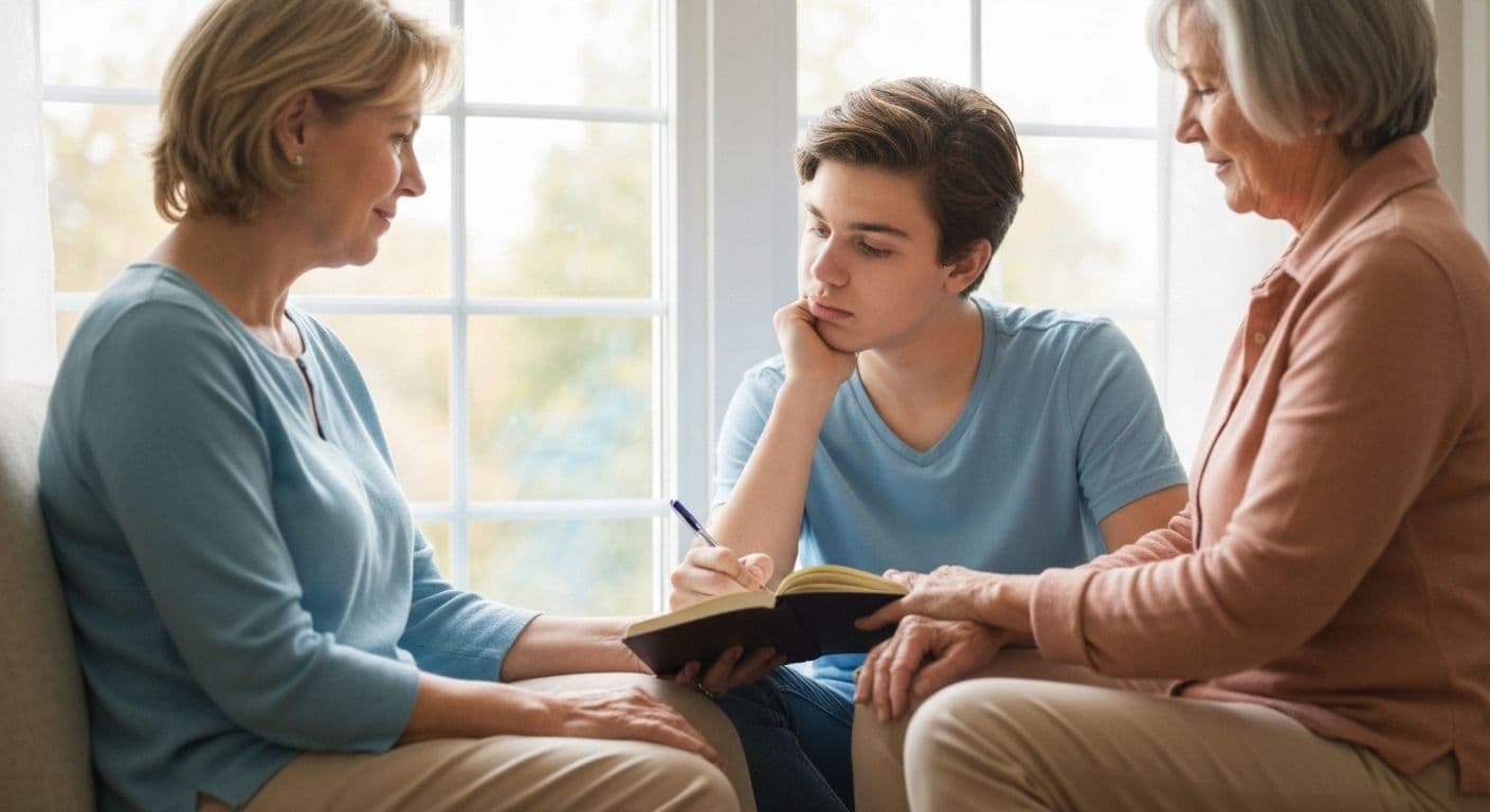 Parent and teenager sitting together discussing a guided grief journal for young adults