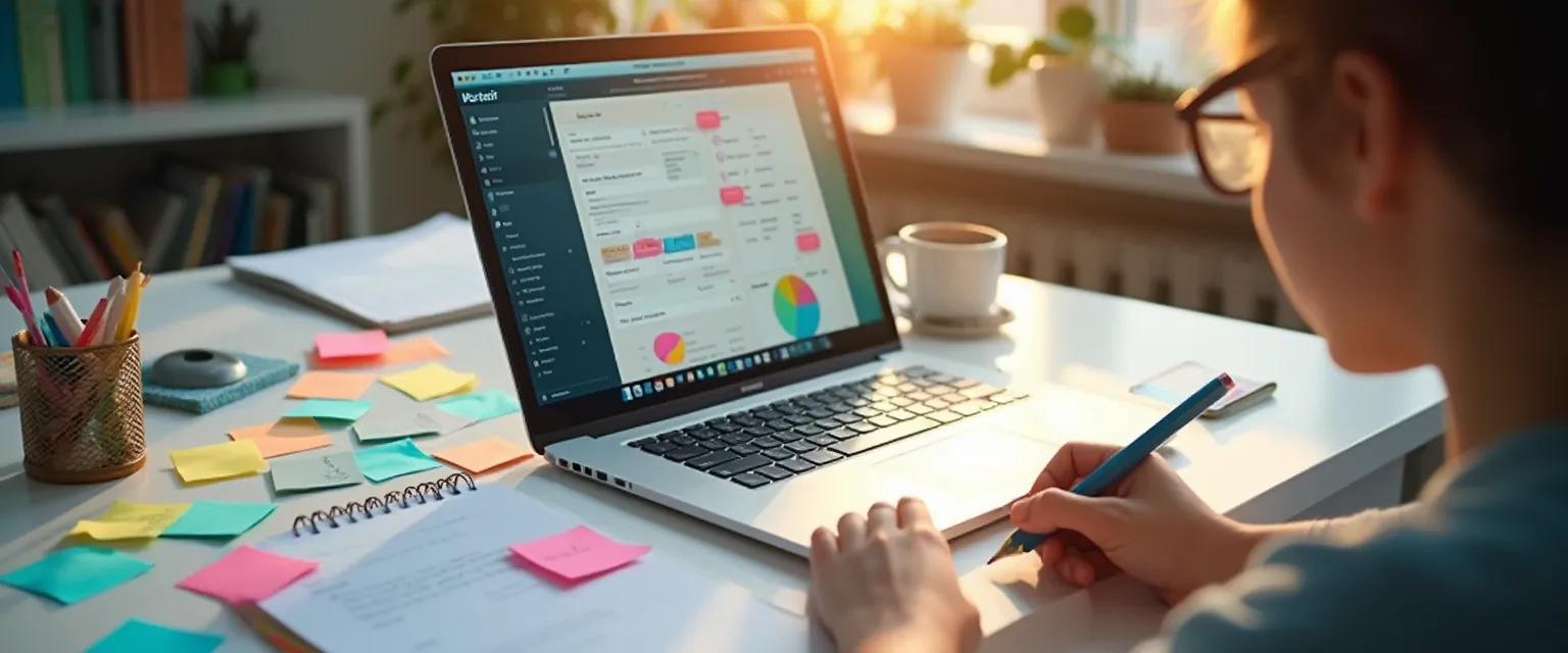 Person using productive procrastination techniques for self-improvement while working at desk