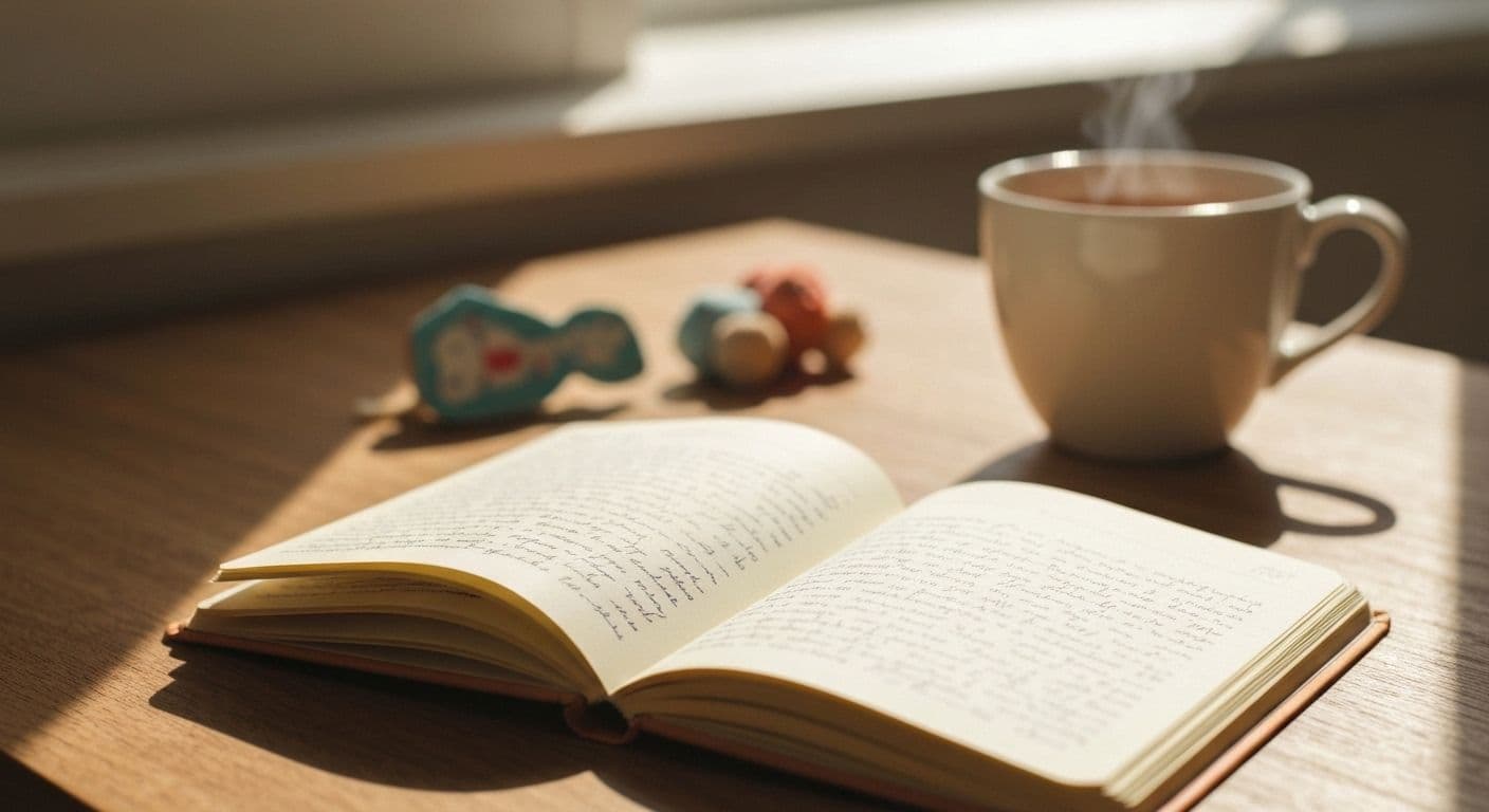 Parent writing in journal during quiet moment, practicing grief journaling while children play nearby