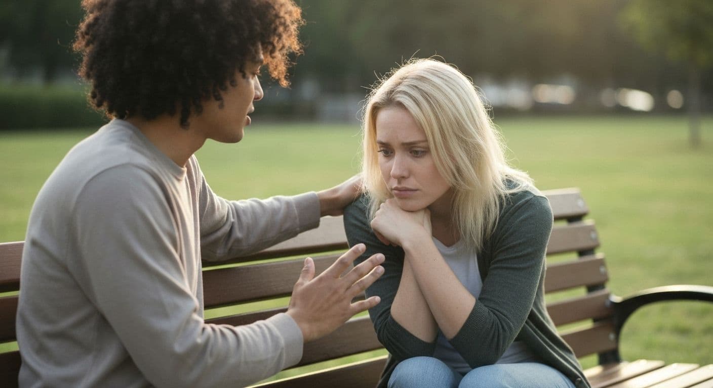 Two friends sitting together showing what to say when a friend loses a parent through supportive conversation