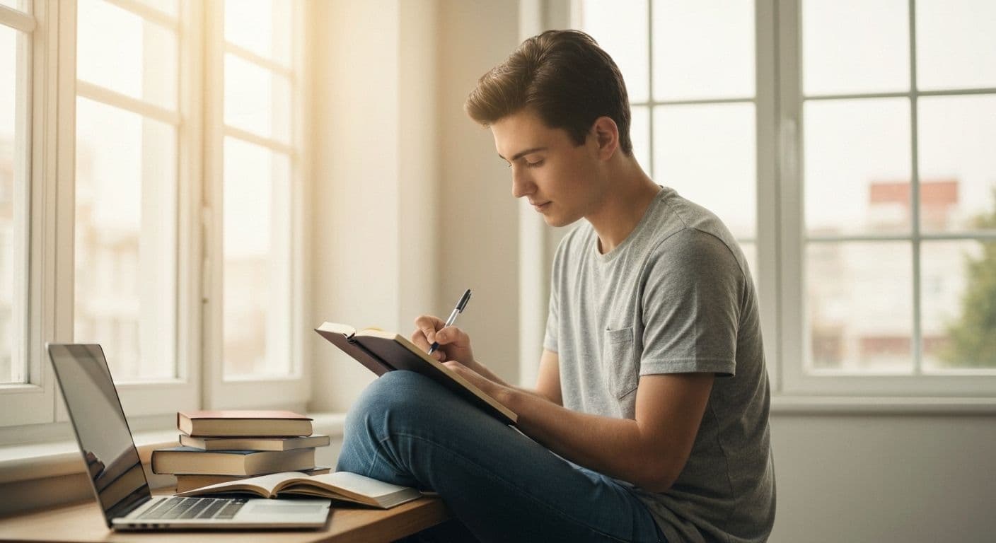 Student practicing self awareness examples while studying, showing improved focus and better grades through emotional intelligence techniques