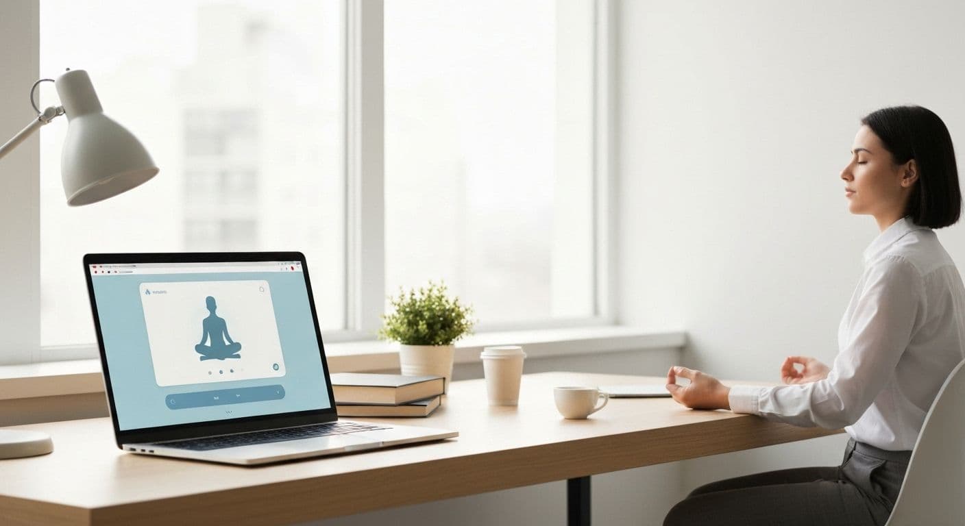 Professional using Google meditation in Chrome browser during work break