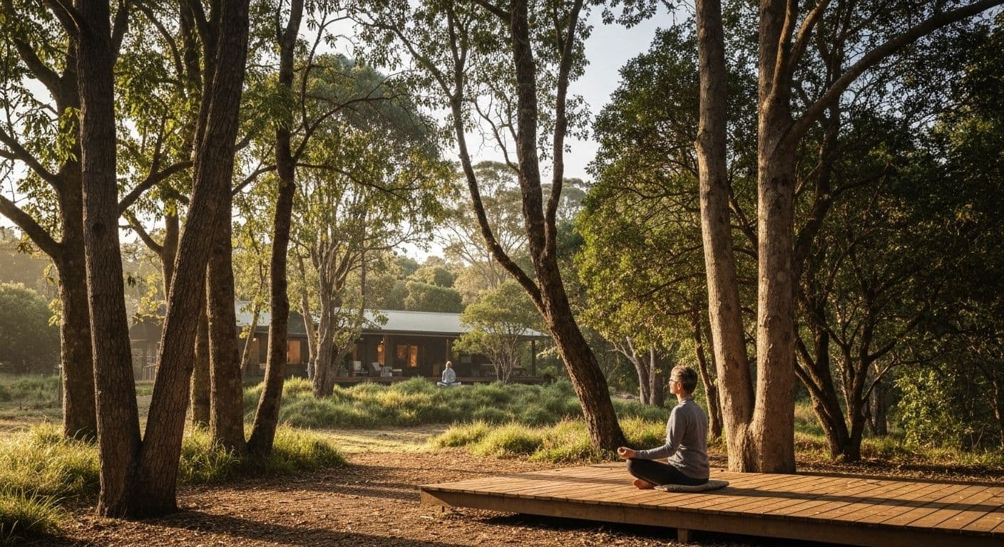 Person practicing mindfulness meditation at a peaceful local retreat center surrounded by nature