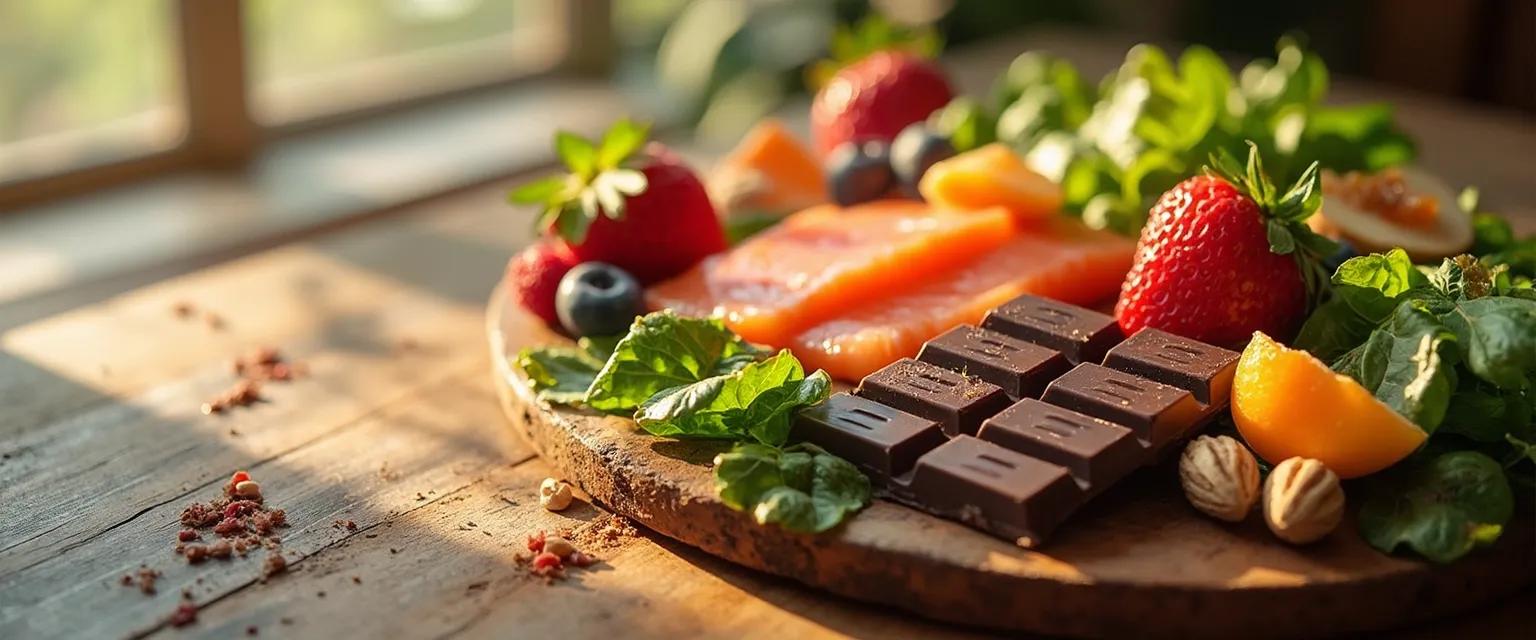 Colorful plate of mood-boosting foods for a happy mind including omega-3 rich fish, nuts, and vegetables