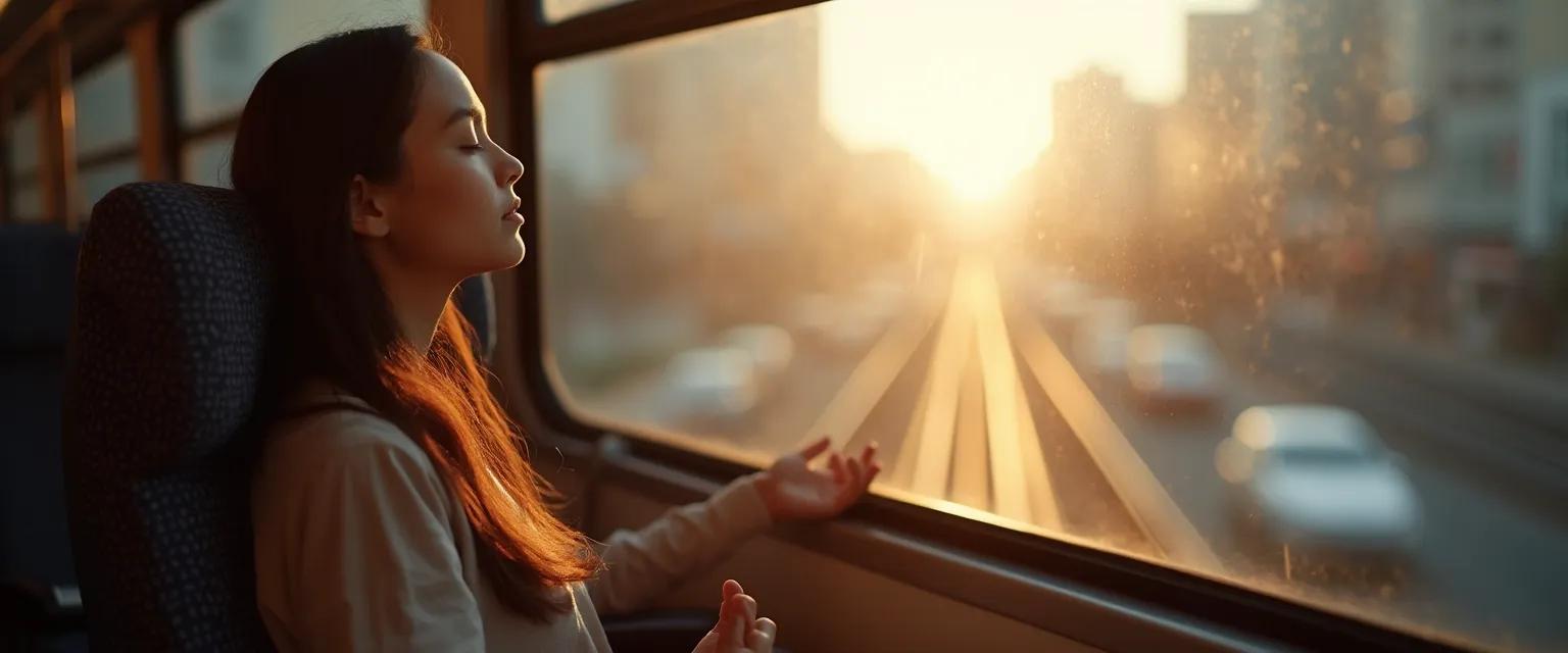 Person practicing spiritual mind techniques during daily commute