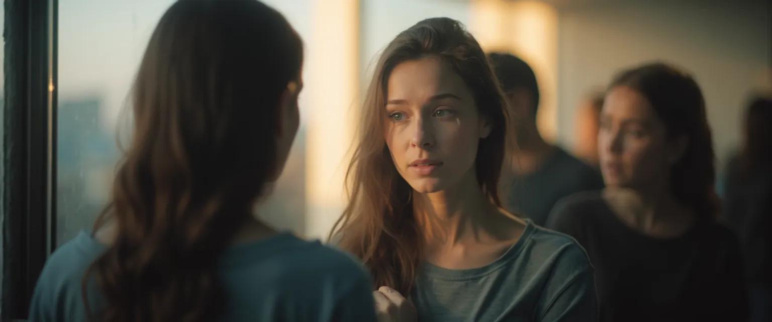Person practicing self-awareness in interpersonal communication through mirror talk technique