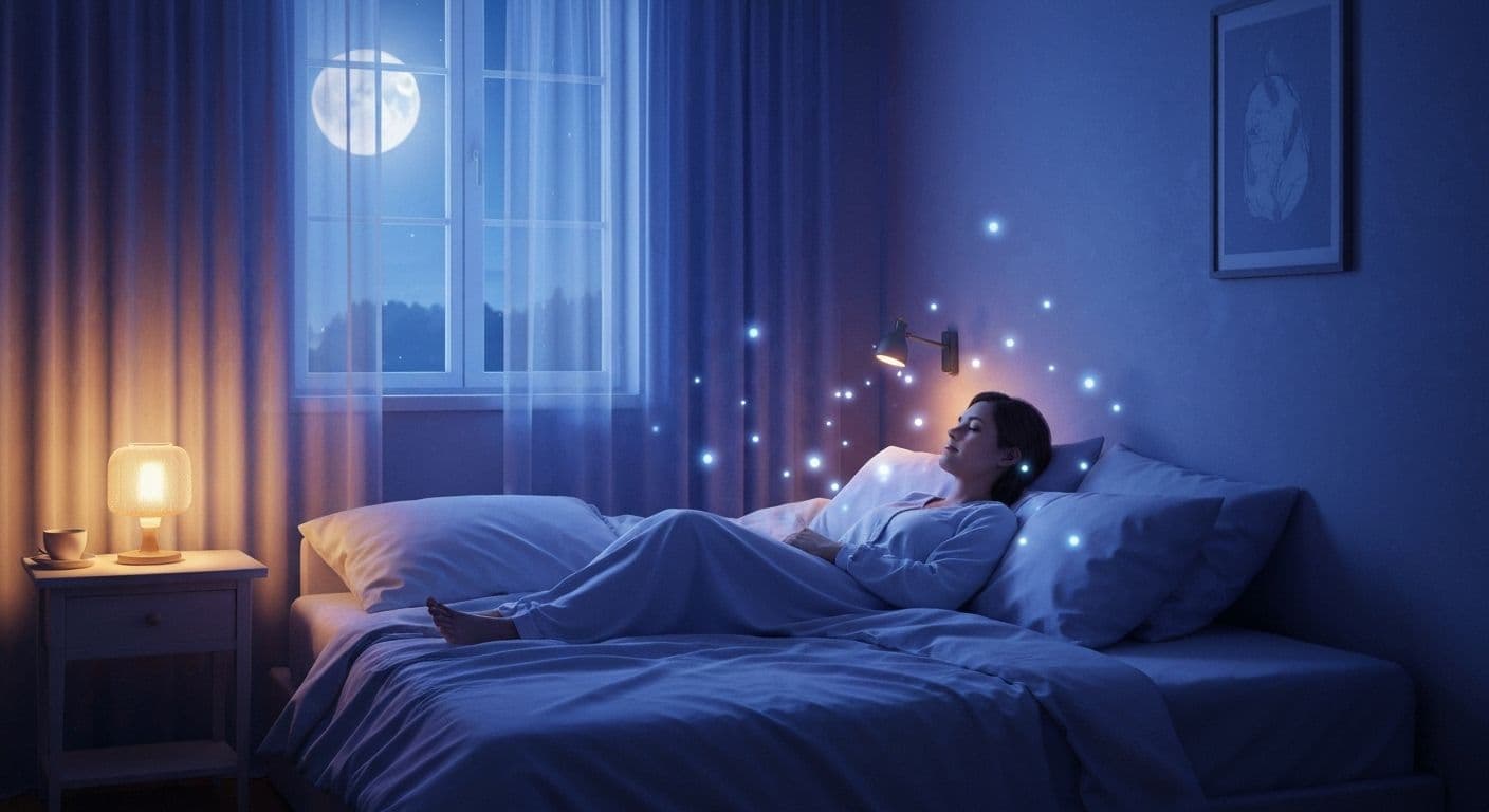 Person practicing Jason Stephenson healing meditation in peaceful bedroom before sleep