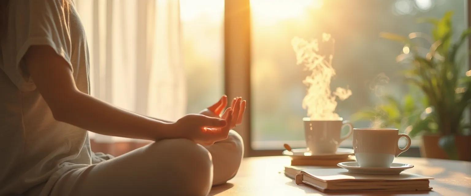 Person practicing quick happy thoughts exercises during their busy morning routine