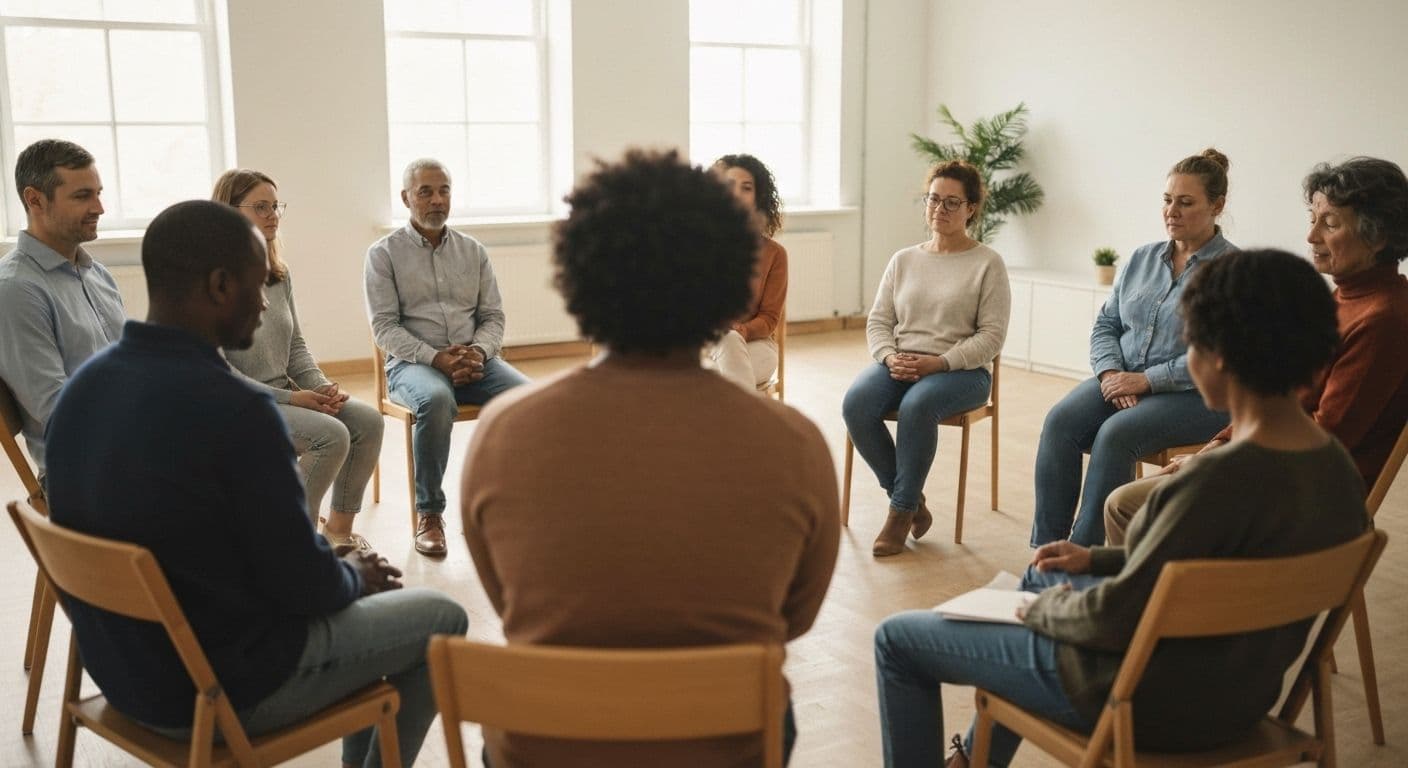 Small intimate GriefShare find a group meeting with participants sharing in supportive circle